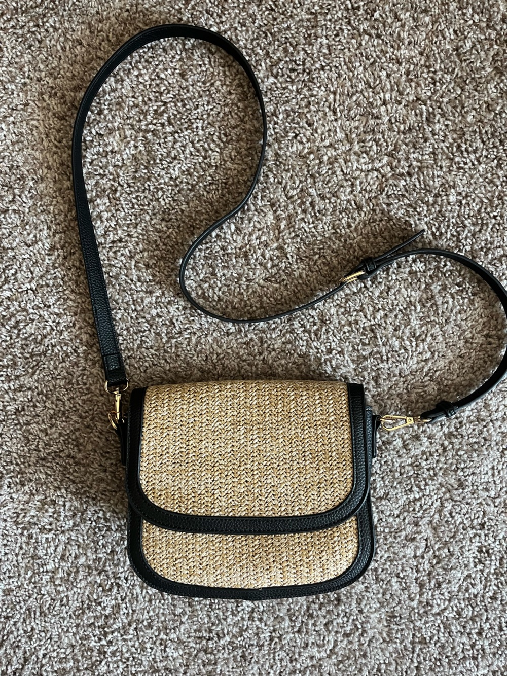 Straw Crossbody Bag with Black Trim